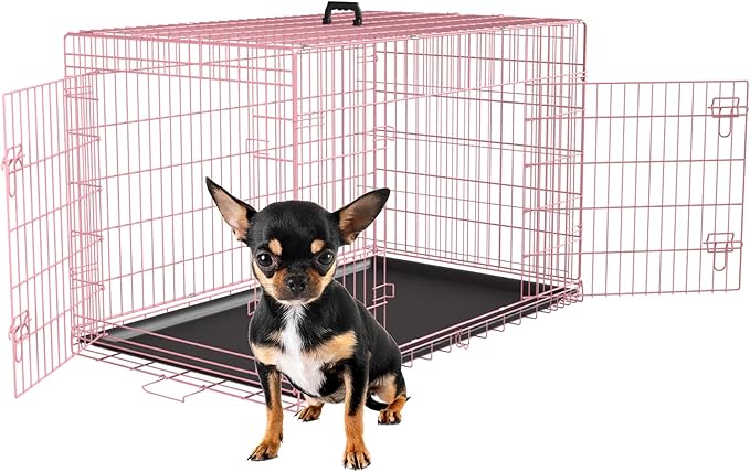 FDW 24 inch Dog Crate Dog Kennel Cage with Double Door Folding Metal Wire Dog Cage with Removable Tray&Divider Panel,Pet Crate for Small Dogs,Pink