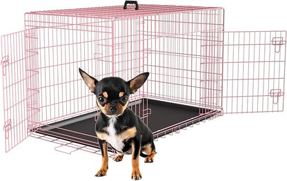 FDW 24 inch Dog Crate Dog Kennel Cage with Double Door Folding Metal Wire Dog Cage with Removable Tray&Divider Panel,Pet Crate for Small Dogs,Pink