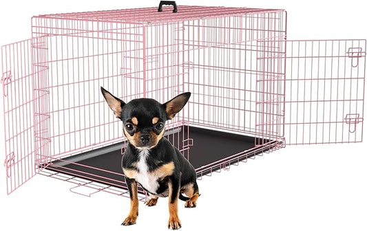 FDW 24 inch Dog Crate Dog Kennel Cage with Double Door Folding Metal Wire Dog Cage with Removable Tray&Divider Panel,Pet Crate for Small Dogs,Pink