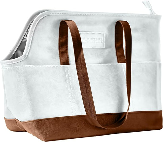 Luxury Dog Purse Carrier for Small Dogs, Faux Leather Pet Carrier Purse, Secure Harness Clip, Dog Tote Bag Carrier for Small Dogs and Puppies - White