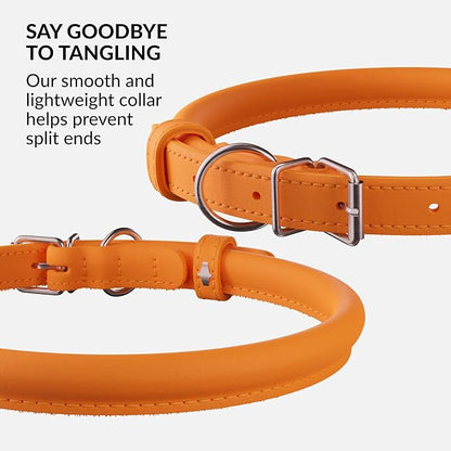 CollarDirect Rolled Leather Dog Collar, Soft Padded Round Puppy Collar, Handmade Genuine Leather Collar Dog Small Large Cat Collars 13 Colors (13-16 Inch, Orange Smooth)