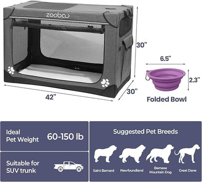 42" Portable Soft Dog Crate for Large Dogs - Collapsible Travel Kennel with Carry Bag, Foldable Cage with Durable Textilene Mesh Door, Plush Bed - Ideal for Home or Travel - Charcoal Gray