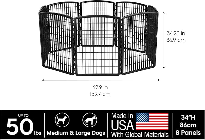 IRIS USA Dog Playpen, 8-Panel 34" Pet Playpen, Puppy Playpen, Indoor/Outdoor Dog Pen, 63 x 63 x 34, Foldable, Customizable, Black