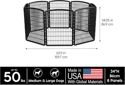 IRIS USA Dog Playpen, 8-Panel 34" Pet Playpen, Puppy Playpen, Indoor/Outdoor Dog Pen, 63 x 63 x 34, Foldable, Customizable, Black