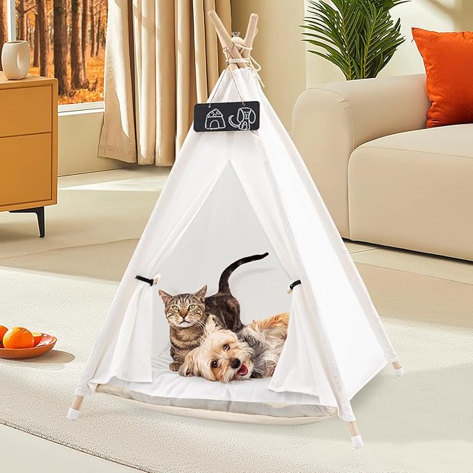 Pet Teepee Tent for Large Dogs with Thick Cushion/Bed, Portable Dog House, Puppy Teepee for Cats Dogs Rabbits (Large Size)