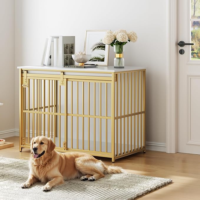 HOOBRO Dog Crate Furniture, 36.6" Heavy Duty Dog Kennel with Sliding Barn Door, Wooden Dog Cage Indoor, Decorative Side End Table for Small/Medium Dogs, White and Gold GD162GW03G1