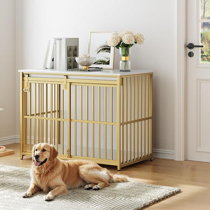 HOOBRO Dog Crate Furniture, 36.6" Heavy Duty Dog Kennel with Sliding Barn Door, Wooden Dog Cage Indoor, Decorative Side End Table for Small/Medium Dogs, White and Gold GD162GW03G1