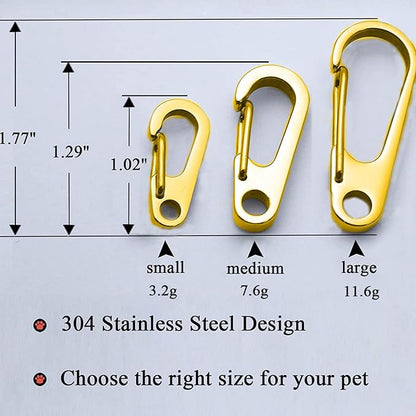 IVIA Dog Tag Clips / 2 Pack/Multiple Size 304 Stainless Steel Quick Clip with Rings/Easy Change Dog Cat ID Tag Holder for Small pet Collars and Harnesses.(2 Small Gold)