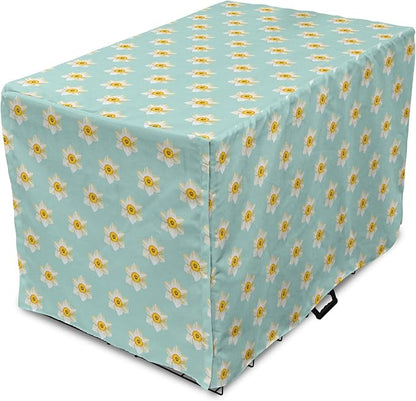 Lunarable Daffodil Dog Crate Cover, Pastel Nature Pattern with Spring Field Theme Narcissus Flower Heads, Easy to Use Pet Kennel Cover for Medium Large Dogs, 42 Inch, Seafoam Cream Yellow