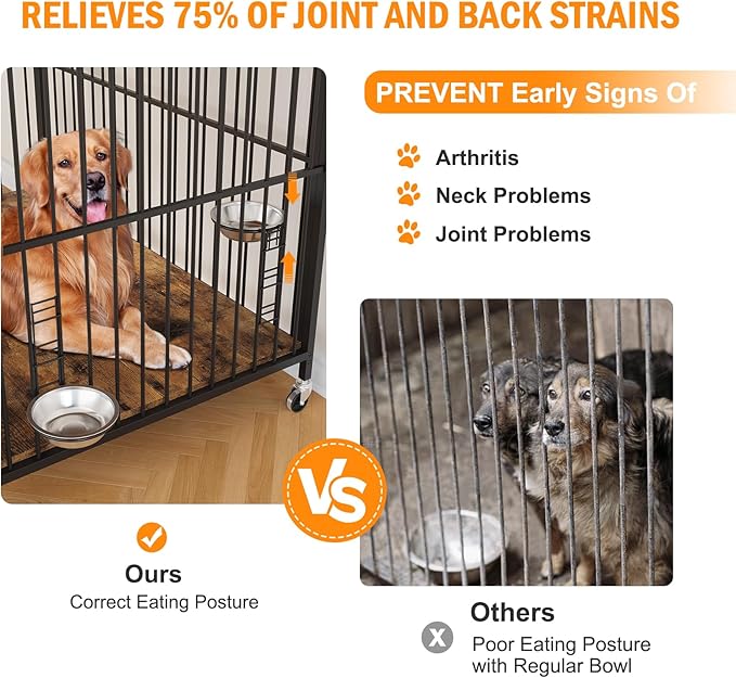 Dog Crate Furniture, Wooden Dog Crate End Table with Adjustable Height & 360° Rotating Feeder, Dog Kennel Indoor with 360° Wheels for Small Dogs, Heavy Duty Dog Crate (31.96''L x 20.47''W x 31.49''H)