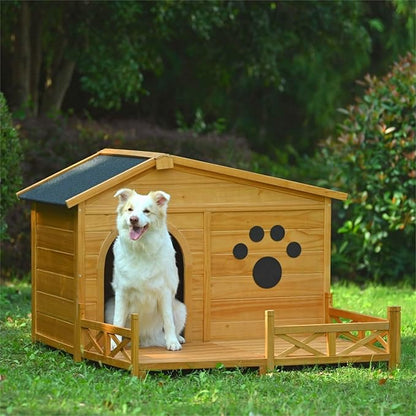 Merax 48" Wooden Dog House Outdoor, Medium Large Breed Outside Kennel with Porch, Paw Print, Weatherproof Asphalt Roof and Fencing