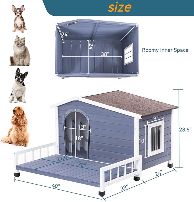 Wooden Dog House with Detachable Patio and Open Waterproof Asphalt Roof,Outdoor Dog Kennel W/Side Window,Front Door Design and PVC Door Curtain,Rainproof & Windproof Dog Cage for Pets,Gray