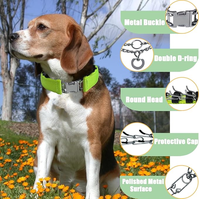 Prong Training Collar for Dogs, Adjustable Dog Pinch Collar with Quick Release Buckle, No Pull Collar for Small Medium Large Dogs, Extra Link and Caps (M/L(17-23" Neck, 3.2mm), Green)