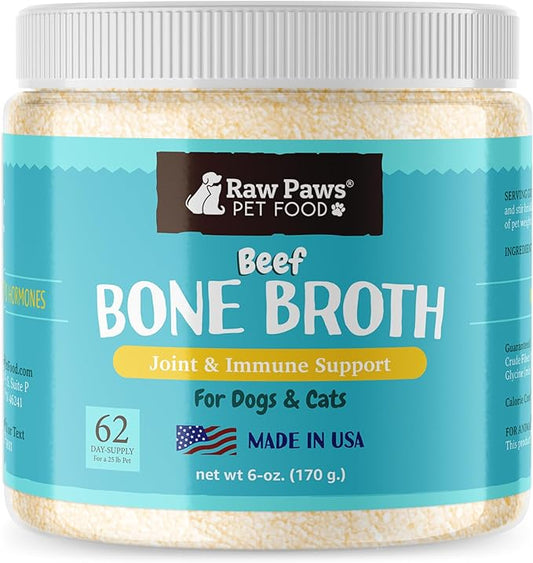 Raw Paws Beef Bone Broth for Dogs & Cats, 6-oz - Made in USA - Dog Food Topper - Bone Broth Protein Powder for Dogs - Powdered Bone Broth for Dogs - Bone Broth for Cats - Dog Gravy Topper for Dry Food