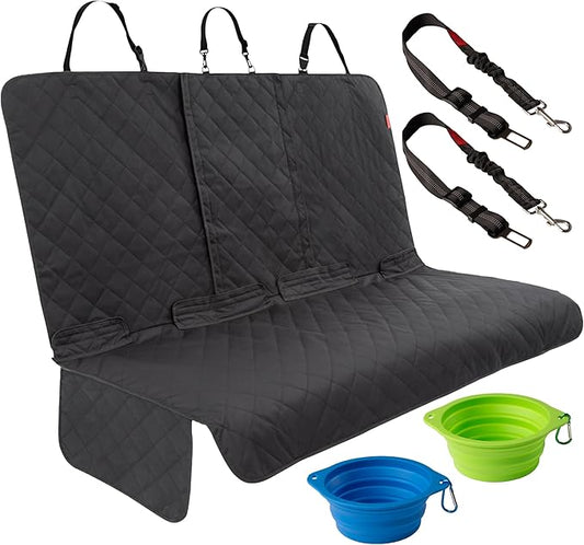 Lusso Gear Dog Car Seat Cover for Back Seat - Non-Slip Black Cover Stays Securely, Fits Your Car, Truck, & SUV, Pack with Leash/Bowl - Waterproof Dog Seat Cover for Back Seat