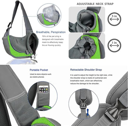 Pet Dog Sling Carrier,Cat and Dog Travel Portable Diagonal Straddle Shoulder Bag,Breathable mesh pet Sling Shoulder Bag,with Adjustable Non-Slip Shoulder Strap Below 10lb for Small Dogs Cats (Green)