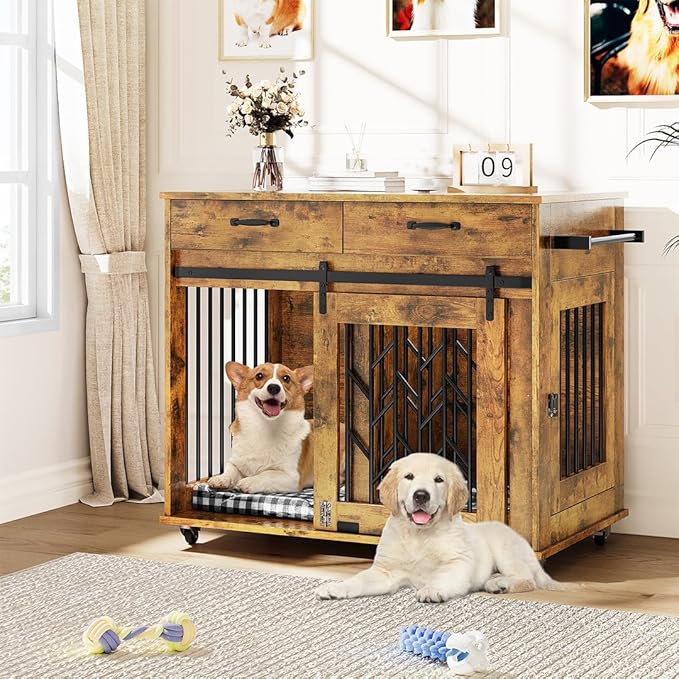 YITAHOME Dog Kennel Furniture for 2 Dogs, 39 inch Double Dog Crate with Storage Drawers, Indoor Wooden Dog House Heavy Duty for 2 Small Medium Dogs, Brown