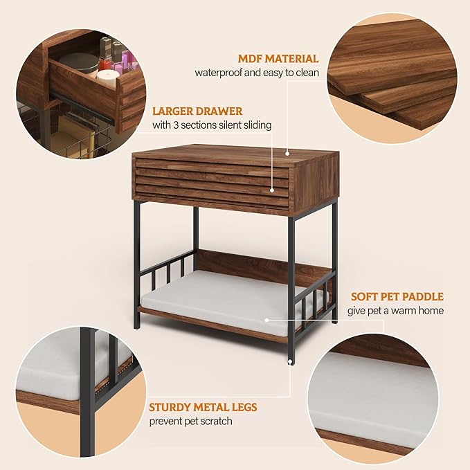 Cat End Table with Storage, Side Table with Dog Bed Underneath, Dog Crate Furniture Open Design with Metal Legs Chew-Proof, Bedside Tables with Pet Bed for Living Room,Bedroom