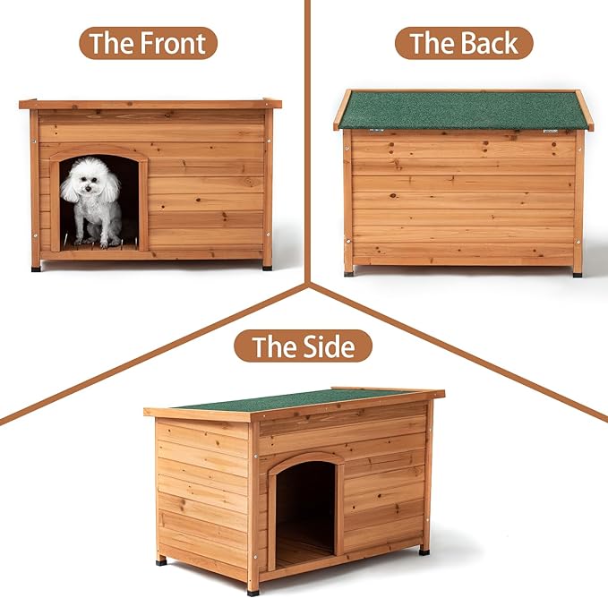 TAKUKA Outdoor Wooden Dog House for Small Medium Large Sized Dogs，Extra Waterproof Durable Dog Kennel with Wooden Floor for Garden Backyard Farm (34" W x 25" D x 23" H)