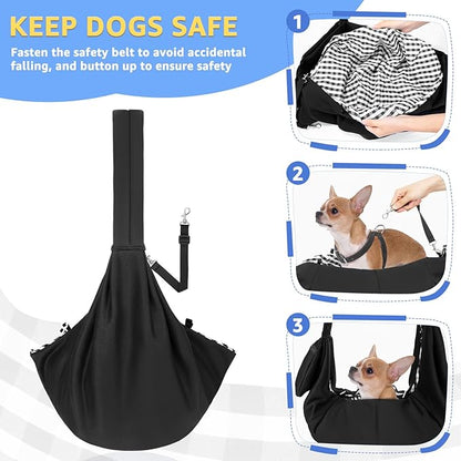 Lukovee Pet Sling, Hand Free Dog Sling Carrier Adjustable Padded Strap Tote Bag, Shoulder Bag with Front Pocket Safety Belt Carrying Small Dog Cat Puppy Machine Washable (Black-WY,S)