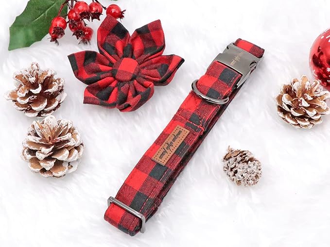 Uniqe Style Paws Christmas Grid Dog Collar, Female or Male Adjustable Dog Collar with Flower, Durable Floral Pattern Pet Collar for X-Large Dogs