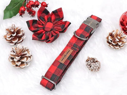 Uniqe Style Paws Christmas Grid Dog Collar, Female or Male Adjustable Dog Collar with Flower, Durable Floral Pattern Pet Collar for X-Large Dogs
