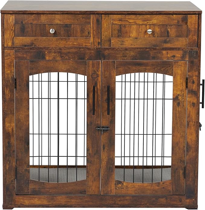 GAOMON Dog Crate Furniture with Cushion,Wooden Dog Kennels Indoor with 2 Drawers,Dog Furniture Crate End Table with Storage