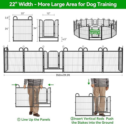 Puppy Playpen 16 Panels Small Dog Fence Outdoor Indoor Use 24" Height Anti-Rust with Doors Portable Dog Play Pen for RV Camping Yard, Total 29FT, 68 Sq.ft, Snowy Black