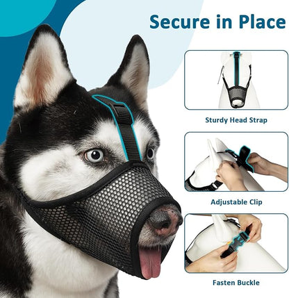 LUCKYPAW Dog Muzzle, Mesh Muzzle for Large Medium Small Dogs, Soft Dog Muzzle to Prevent Biting Chewing with Adjustable Head Strap, Allows Panting and Drinking, Perfect for Vet Visit (Black, S)
