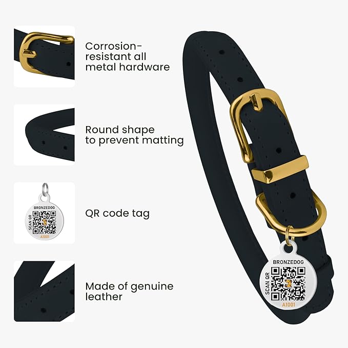 BRONZEDOG Rolled Leather Dog Collar with QR ID Tag Adjustable Soft Round Collars for Small Medium Large Dogs Puppy Cat (7" - 10" Neck Size, Dark Blue)