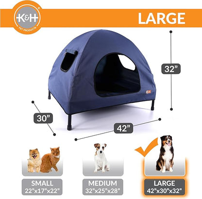 K&H Pet Products Pet Cot House for Large Dogs, Outdoor Elevated Dog Cot House, Enclosed Canopy, Window Flaps for Air Flow, Washable Cover, Raised Metal Frame, Collapsible - Large 42 X 30in Blue
