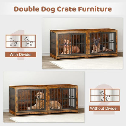 86 Inch Double Dog Crate Furniture with Divider, Large Dog Kennel Furniture for 2 Dogs with 4 Combination Forms, Brown Corner Dog Crate for Small Medium Large Dogs