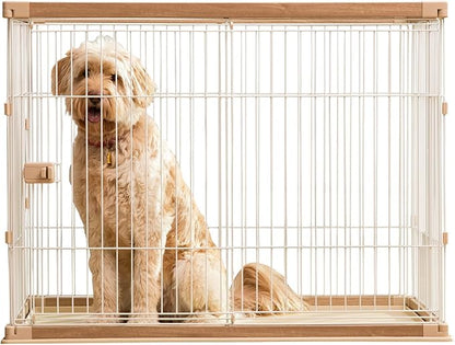 USA Large Tall Dog Crate, Dog Kennel Indoor with Sliding Door & Bottom Tray, Dog Cage, Wire Pet Pen, Stylish Wood-Like Trim, Light Brown