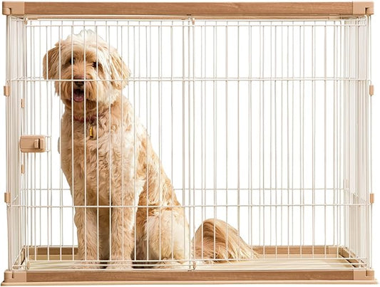 USA Large Tall Dog Crate, Dog Kennel Indoor with Sliding Door & Bottom Tray, Dog Cage, Wire Pet Pen, Stylish Wood-Like Trim, Light Brown