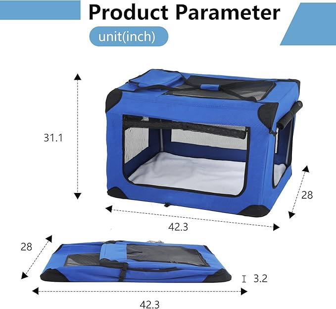 FDW 42 Inch Soft Collapsible Dog Crate 3-Door Open Dog Kennel with Mesh Window Portable Travel Pet Crate Indoor & Outdoor Pet Home, Blue