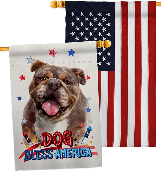 Breeze Decor Patriotic Chocolate Bulldog House Flag Pack Dog Puppy Spoiled Paw Canine Fur Pet Nature Farm Animal Creature Embroidery Banner Small Garden Yard Gift Double-Sided, Made in USA