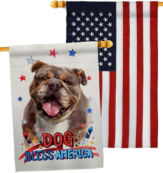 Breeze Decor Patriotic Chocolate Bulldog House Flag Pack Dog Puppy Spoiled Paw Canine Fur Pet Nature Farm Animal Creature Embroidery Banner Small Garden Yard Gift Double-Sided, Made in USA