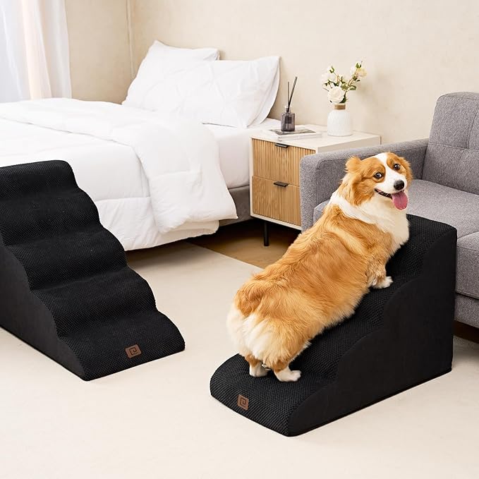 EHEYCIGA Curved Dog Stairs Ramp for High Beds 22.6" H, 5-Step Dog Steps for Small Dogs and Cats, Pet Stairs for High Bed Climbing, Non-Slip Balanced Pet Step Indoor, Black