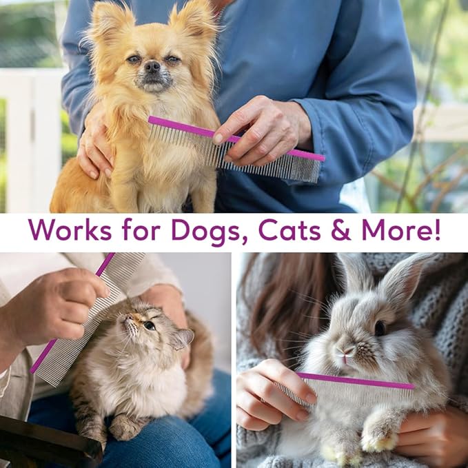 Pet Comb 8 inches Comfortable Grooming Comb with Different-Spaced Rounded Stainless Steel Teeth, Easy Grip and Convenient Grooming for Pets Dog Cat with Medium Coarse Fur - Purple