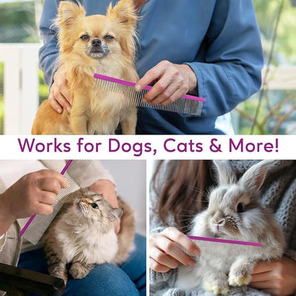 Pet Comb 8 inches Comfortable Grooming Comb with Different-Spaced Rounded Stainless Steel Teeth, Easy Grip and Convenient Grooming for Pets Dog Cat with Medium Coarse Fur - Purple