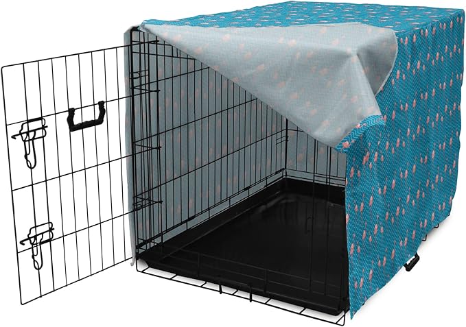 Lunarable Flamingo Dog Crate Cover, Tropical Romance Birds on Wavy Horizontal Stripes Hawaiian Love Doodle, Easy to Use Pet Kennel Cover for Medium Large Dogs, 36 Inch, Azure Blue and Coral