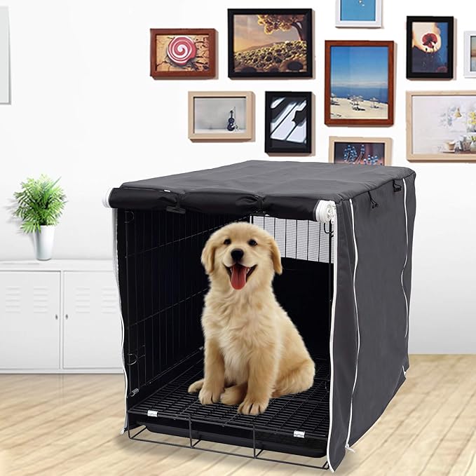 Dog Crate Cover for Wire Crates Kennel 2 Doors Heavy Duty Waterproof Windproof Soundproof Pet Cage Cover Home Decoration - Cover only - Dark Grey - Fits 42 Inch Crates