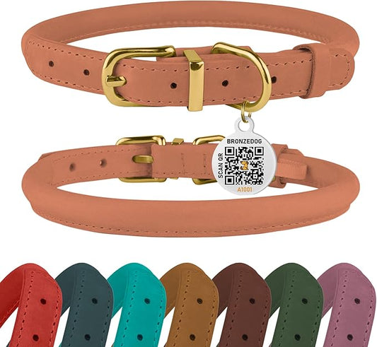 BRONZEDOG Rolled Leather Dog Collar with QR ID Tag Adjustable Soft Round Collars for Small Medium Large Dogs Puppy Cat (11" - 14 1/2" Neck Size, Peach)