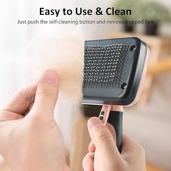 Dog & Cat Hair Brush,Self Cleaning Slicker Brush for Long Short Hair,Shedding & Grooming Pet Brush with Soft Bristle and Release Button,Pink
