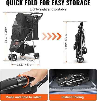 VEVOR Pet Stroller for Dogs and Cats up to 35lbs, 3 Wheels Folding Dog Cat Stroller for Medium Small Dogs, Portable Lightweigh Puppy Doggy Doggie Jogging Stroller with Storage Basket and Cup Holder