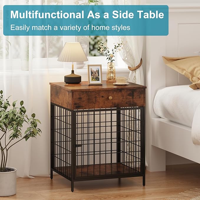 Rustic Brown Decorative Dog Kennel with Drawer - Indoor Pet Crate End Table for Small Dog, Steel-Tube Dog Cage, Chew-Proof