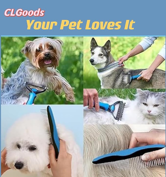 Pet Grooming Brush&Comb Combo, Pet Grooming Brush，Cat Comb Dog Comb for Shedding, 2-Piece Kit,Undercoat Comb for Dog Grooming (Blue)