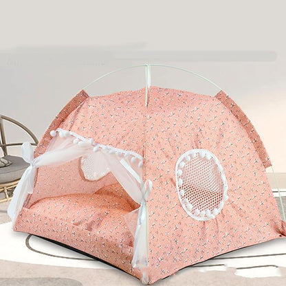Cute Dog Tent House, Indoor Pet Tent Waterproof Bottom Detachable Cat Princess Indoor Tent House Pet Dog Cute Floral Cave Nest Bed Portable Dog Tents with Mesh Door Window for All Seasons (Pink)