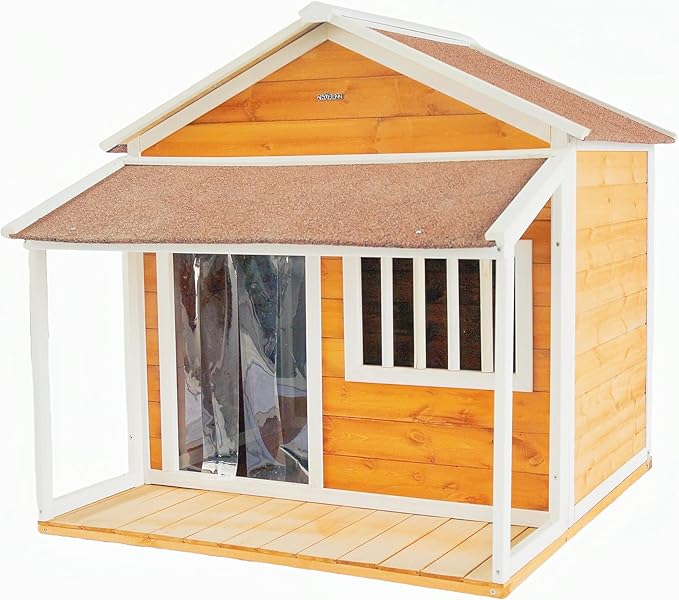 Indoor-Outdoor Wooden Dog House, Porch, Asphalt Roof, Plastic Door Curtain, Ventilation Windows, Brown, Weatherproof, Small to Medium Dog, Puppy Kennel