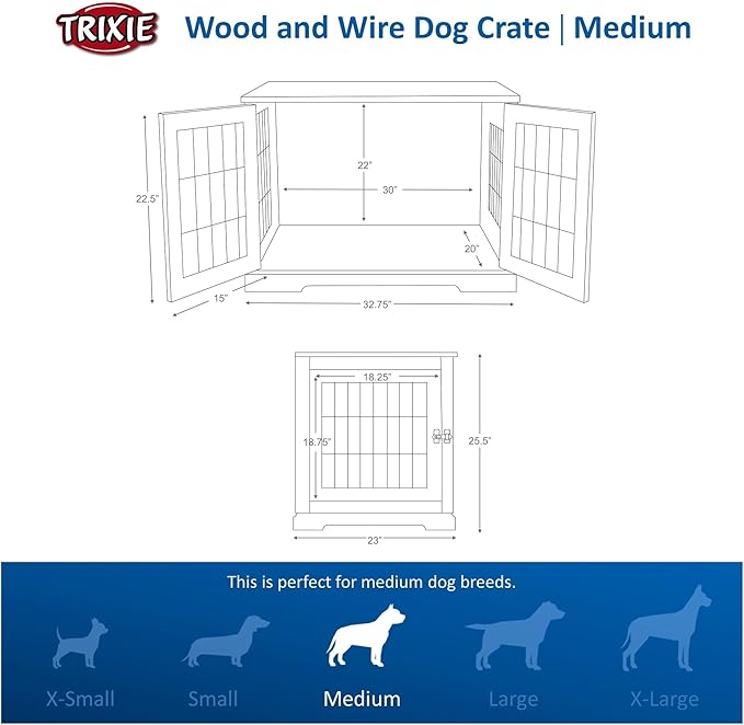 TRIXIE 32.7" Indoor Dog Crate, Wooden Crate Table for Dogs Up to 50 lb, Medium Dog Kennel, Perfect in Any Room, Gray